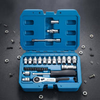 29 Pieces Adapter Included Pass-Through Socket Set CR-V Steel 12-Point Socket Wrench Set Extension Bar Compact Design for Mechanics