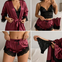 Women's Lace Pajama Set with Robe and Shorts, 4-Piece Sleepwear Loungewear