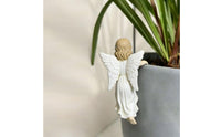 Resin Angel Flower Pot Figurine Feathered Wings Rim Perch Figurine Long Wavy Hair Flower Pot Hanger Draped Dress for Patio, Balcony