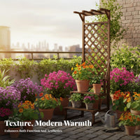 Weather-Resistant Tiered Planter Shelf with Trellis Rustic Finish Multi-Level Plant Stand Freestanding Flower Rack Ladder design for Gardeners, Homeowners, Florists, Balcony, Outdoor, Patio, Living Room