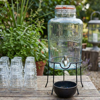 Glass Beverage Dispenser with Stainless Steel Tap and Wood Stand, Nordic Design Glass Beverage Server with Handle for Cold Refreshment Party Events