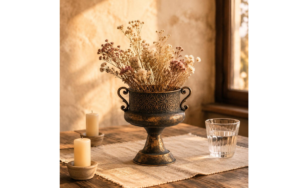 Trophy Vase Antique Finish Vintage Iron Vase Decorative Centerpiece Plant Pot for Photo Studio, Living Room, Tabletop Display