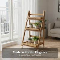 Floor-Standing 3-Tier Ladder Stand Tiered Design 3-Tier Rolling Plant Stand Space-Saving Flower Display Movable with casters for Gardeners, Homeowners, Apartment Dwellers, Living Room, Balcony, Indoor Spaces, Front Porch