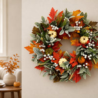 Maple Leaf Wreath Faux Wreath with Pumpkins Indoor Realistic for Entryway, Thanksgiving