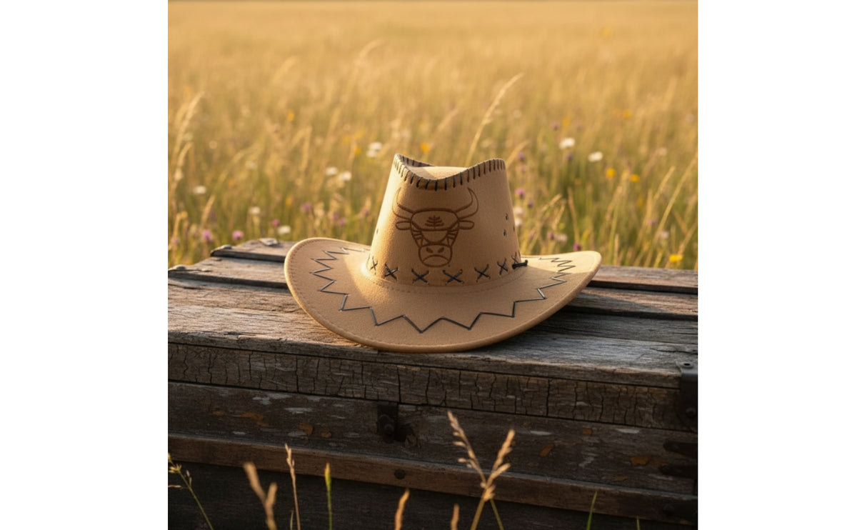 Cowboy Hat with Bull Head Windproof Cowboy Hat with Chin Cord Wide Brim for Cowboys, Women, Outdoor, Festivals, Travel