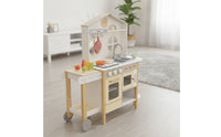 Wooden Play Kitchen with Accessories Realistic Toy Kitchen Set with Pots and Pans Interactive Wooden Play Cooking Set for Kids, Preschoolers, Daycare