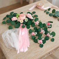 7 Pieces Wedding Car Flowers with Ribbons Romantic Wedding Car Decoration Ribbon Set Easy to Install for Brides, Chair Backs