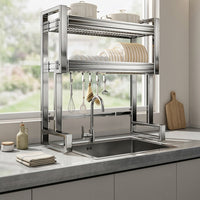 Over Sink Dish Rack Stainless Steel Dish Rack, Double Layer Full Set with Utensil Holder, Cutting Board Rack, Knife Rack, Cleaning Basket Drainer