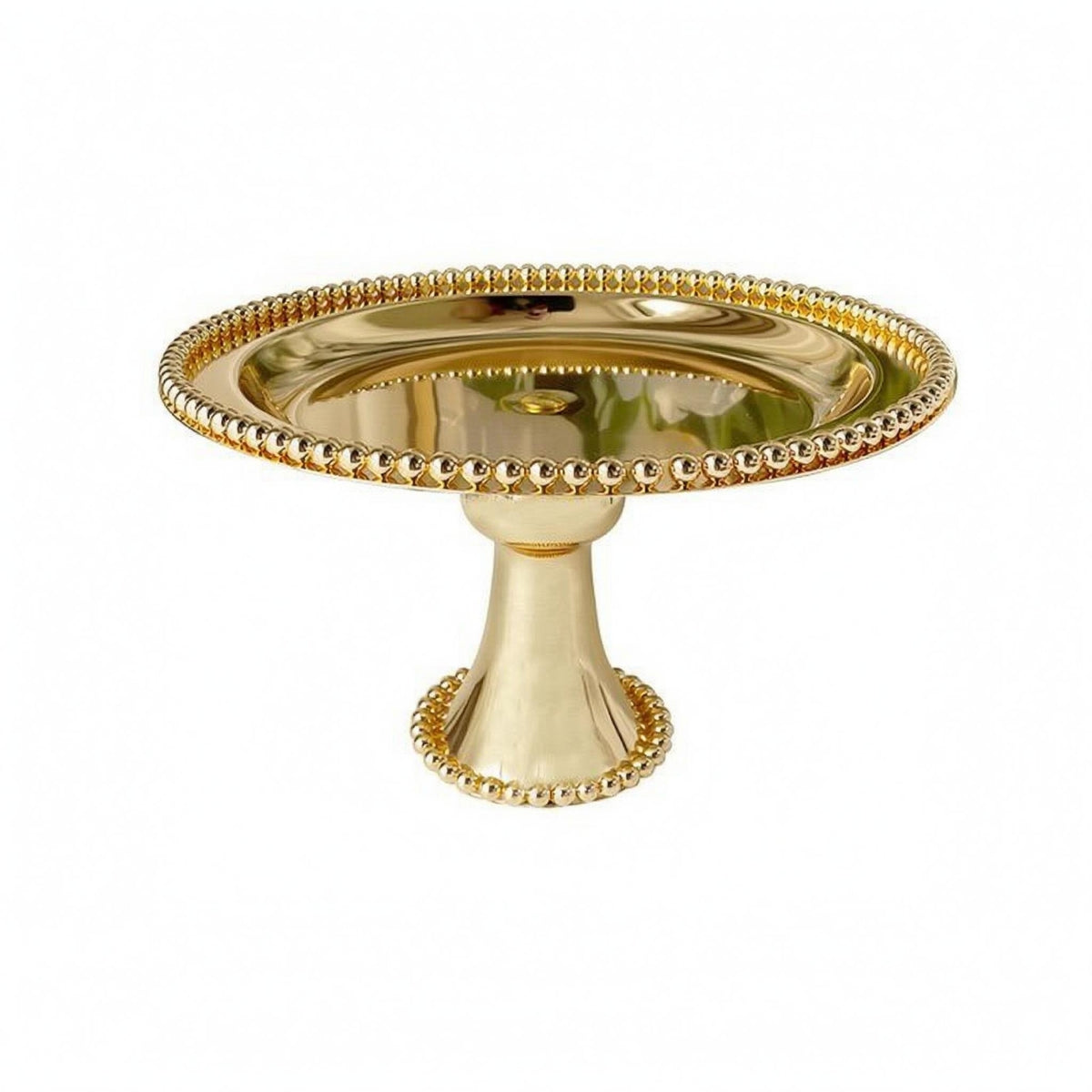 Mirrored Surface Round Dessert Stand Beaded Rim Pedestal Cake Stand Metal Display Tray Polished Finish