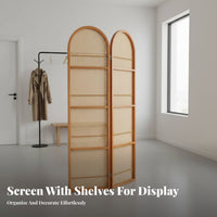 Foldable Design Arched Rattan Screen with Shelves French Design Folding Screen with Shelves Movable Room Divider Freestanding for Apartment Dwellers, Homeowners, Telecommuting Workers, Bedroom, Home Office, Dining Area