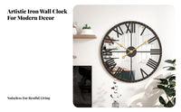European Design Round Iron Wall Clock Non Ticking Large Mirrored Wall Clock Battery Operated for Homeowners, Decorators, Living Room