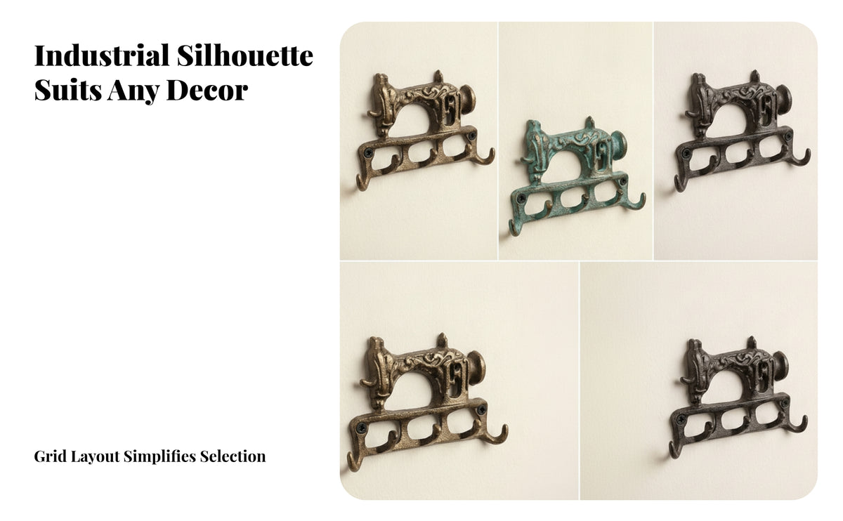 Vintage-Style Sewing Machine Hook Rack Sturdy Hook Rack with Three Hooks Space-Saving Hardware for Crafters, Craft Room, Entryway, Kitchen