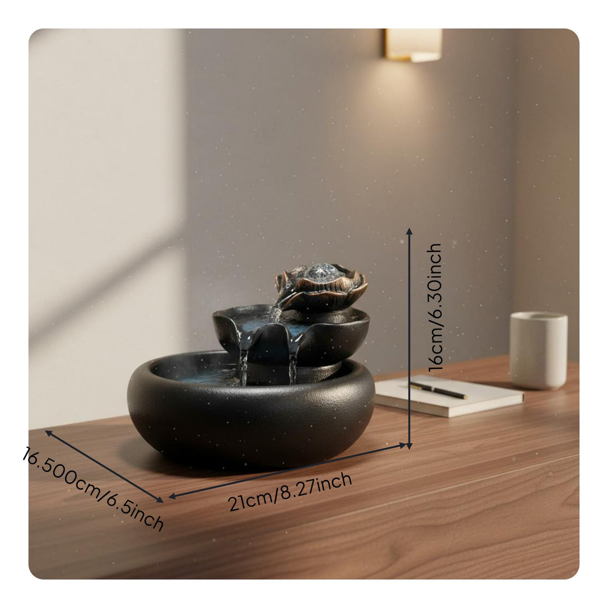 Feng Shui Component Ceramic Lotus Fountain Zen Decor Desktop Water Feature Artisanal House Decoration for Office, Bedroom