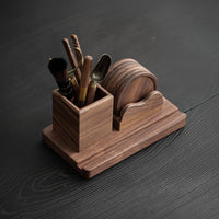 Tea Utensil Holder Walnut Wood Organizer Compact Wooden