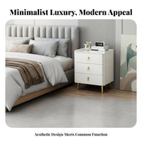 Solid Wood Frame 3-Drawer Nightstand Sintered Stone Surface 3Drawer Cabinet Noiseless Soft-Close Rails Bedside Table Scratch Resistant for Apartment Dwellers, Homeowners, Guest Room, Small Space, Hallway, Office