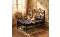 Dollhouse Bed with Mattress Wrought-Iron Style Miniature Double Bed Furniture Vintage Ornate for Doll Lovers