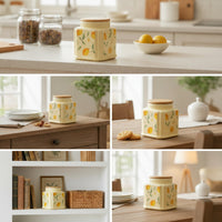 Decorative Ceramic Jar with Wooden Lid Airtight Lemon Print Canister Moisture-Proof Ceramic Jar with Lid Cute for Homeowners, Bakers, Kitchen Counter, Pantry, Coffee Bar