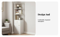 Space-Saving Design Corner Shelf Unit with Drawers Freestanding Multi-Tier Corner Bookcase Small Footprint Storage Cabinet Enclosed Compartments for Apartment Dwellers, Homeowners, Office Workers, Study Room, Bedroom