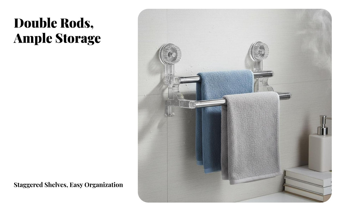 Drillnon-Drilling Installation Suction Cup Double Towel Bar No Drilling Bathroom Accessory Waterproof Wall Rack Strong Load-Bearing for Renters, Homeowners, Families, Washroom, Restroom, Shower Room, Entryway