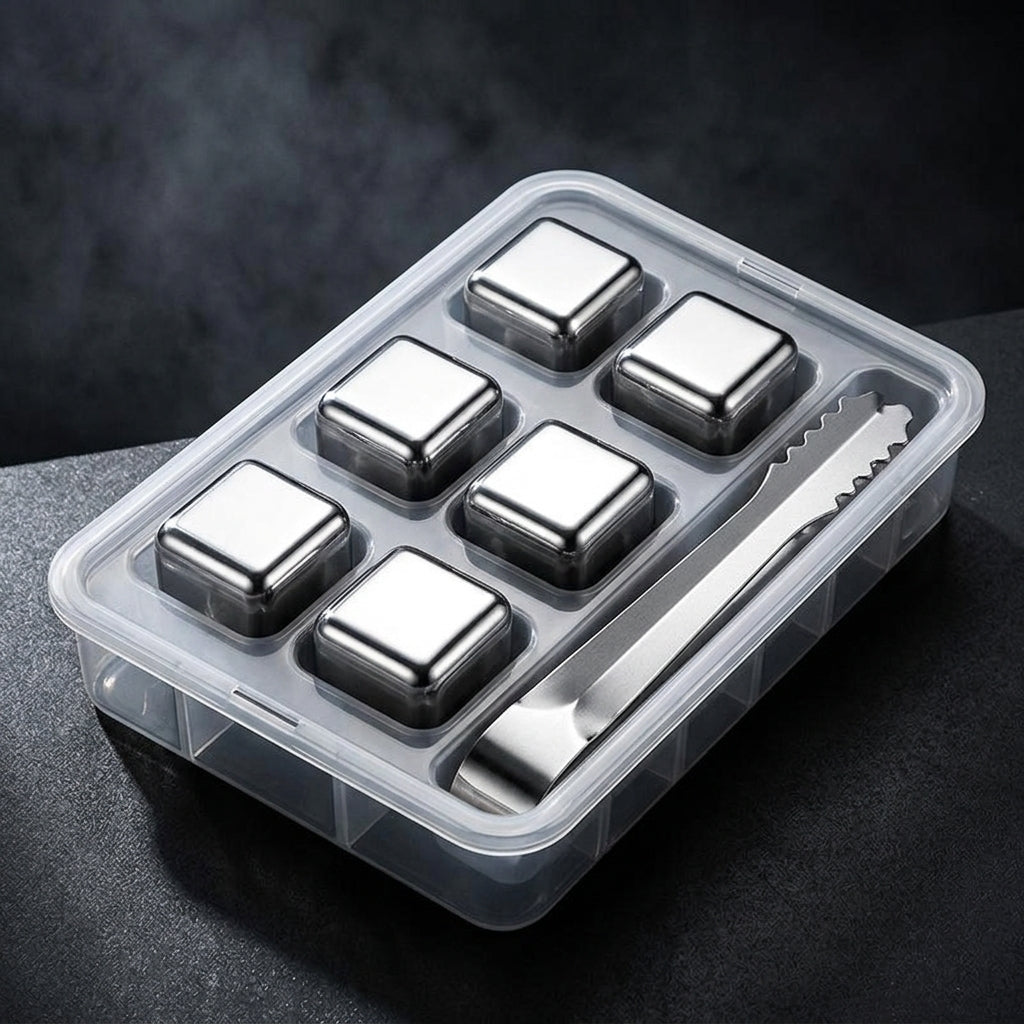 Home Bar Stainless Steel Whisky Stones for a Man Cave, Reusable Food Grade Chilling Steel Ice, 8-Pack with Ice Tongs, Essential Party Supplies