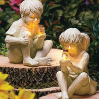 Pastoral Theme Resin Boy Girl Ornament Luminous Child Sculpture for Patio, Balcony, Desktop