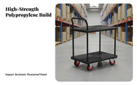 Double Deck Push Cart High Load Capacity Base Trolley with Guardrails Heavy Duty Warehouse Transport Trolley for Factory Workers, Workshop, Garage