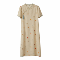 Women's Chinese Dress Midi Length with Three Quarter Sleeve for Summer, Cheongsam Style Flared Casual with Color Blocking and Patchwork Details