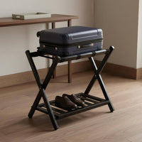 Folding Luggage Rack Foldable Double Tier Luggage Rack Rubber Wood Baggage Shelf for Hotel Guests, Journeyers, Guest Room