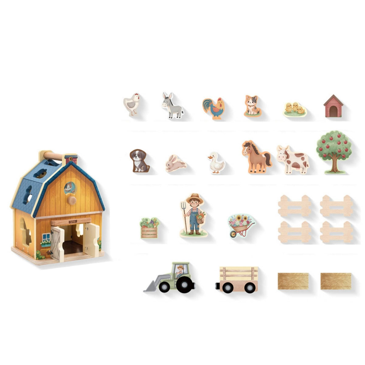 Wooden Farm Toy Fine Motor Shape Sorter Educational Toy House with Wooden Blocks for Daycare