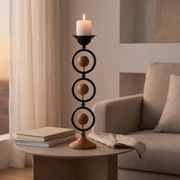 Candle Holder with Wood Base Decorative Metal Candle Holder Artisanal Rustic Candlestick for Entryway Table