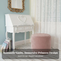 French design Carved Dressing Table with Stool and Mirror Princess Theme Vanity Set Floral Carvings Bedroom Furniture Space-Saving for Teenage Girls, Makeup lovers, Teenagers, Small Apartment, Dorm Room