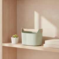 Waste Bin with Wood Handle Ribbed Trash Can Compact for Bathroom Vanity