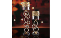 2 Pieces Hollow-Carved Design Crystal Metal Candle Holder Set Rhinestone Pillar Candle Stand for Wedding, Living Room, Party
