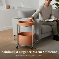 Minimalist Design 2-Tier Round Rolling Table With Push Handle 2-Tier Rolling Table Modern Design Mobile Storage Space-Saving for Apartment Dwellers, Homeowners, Hosts, Living Room, Small Areas, Bedroom, Kitchen