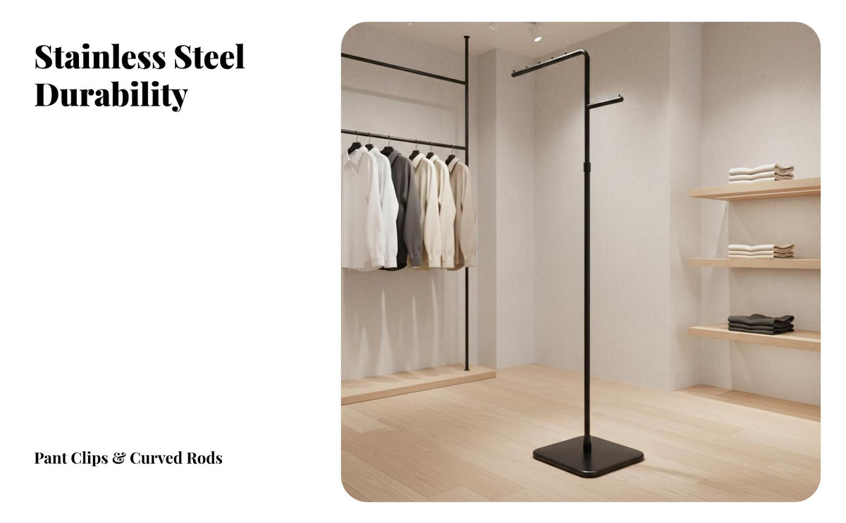 Stainless Steel Clothing Rack Stable Base Freestanding Clothes Display Space-Efficient Freestanding Garment Display for Temporary Retail Space S