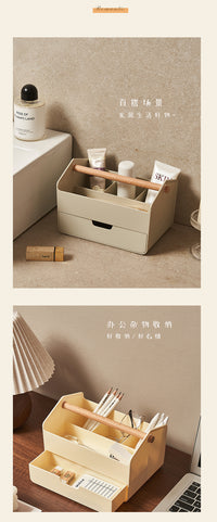 Wooden Handle Desktop Storage Box with Drawers, PS Plastic, Large Capacity