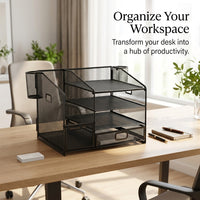 4 Tier Desk Storage with Drawer, Metal Mesh File Organizer for Students, Stackable Desktop Paper Filing Rack for Office Supplies