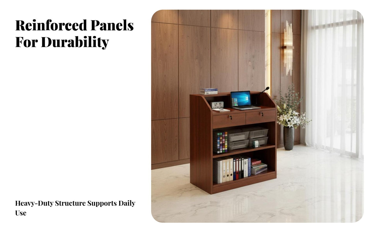 Modern Design Floor-Standing Lectern Multi-Purpose Reception Host Stand Wide Tabletop Wooden Podium with Storage Long-Lasting Construction for Presenters, Receptionists, Lecture Halls, Classrooms, Conference Rooms, Churches