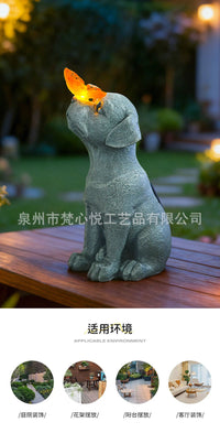 Solar Powered Garden Light with Gray Dog Statue for Outdoor Decor