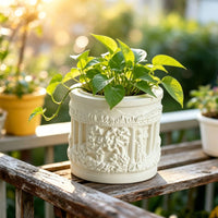 Embossed Cylindrical Flower Pot Classical Pot with Raised Design Pattern Vintage Decorative Planter Sculpted for Windowsill