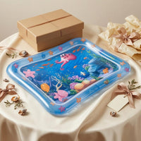 Sealed Chamber Baby Water Play Mat Raised Border Inflatable Tummy Time Water Mat Transparent Blue Underwater Print