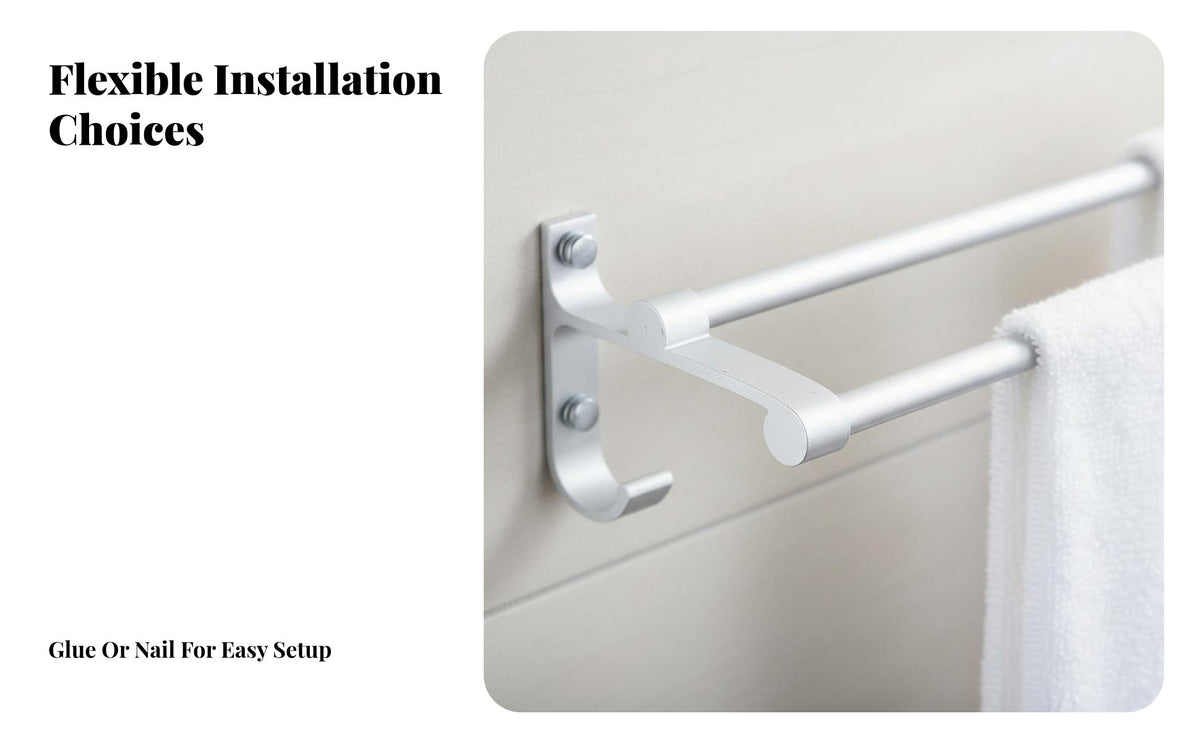 Rust-Proof Double Bar Towel Hanger Waterproof Double Bar Wall Mount Includes Hooks Bathroom Fixture Space-Saving for Homeowners, Families, DIY Enthusiasts, Restroom, Hotel, Laundry Room, Kitchen