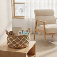 Handwoven Woven Basket with Handles Oval Straw Storage Basket Portable Laundry Hamper Lightweight for Bedroom
