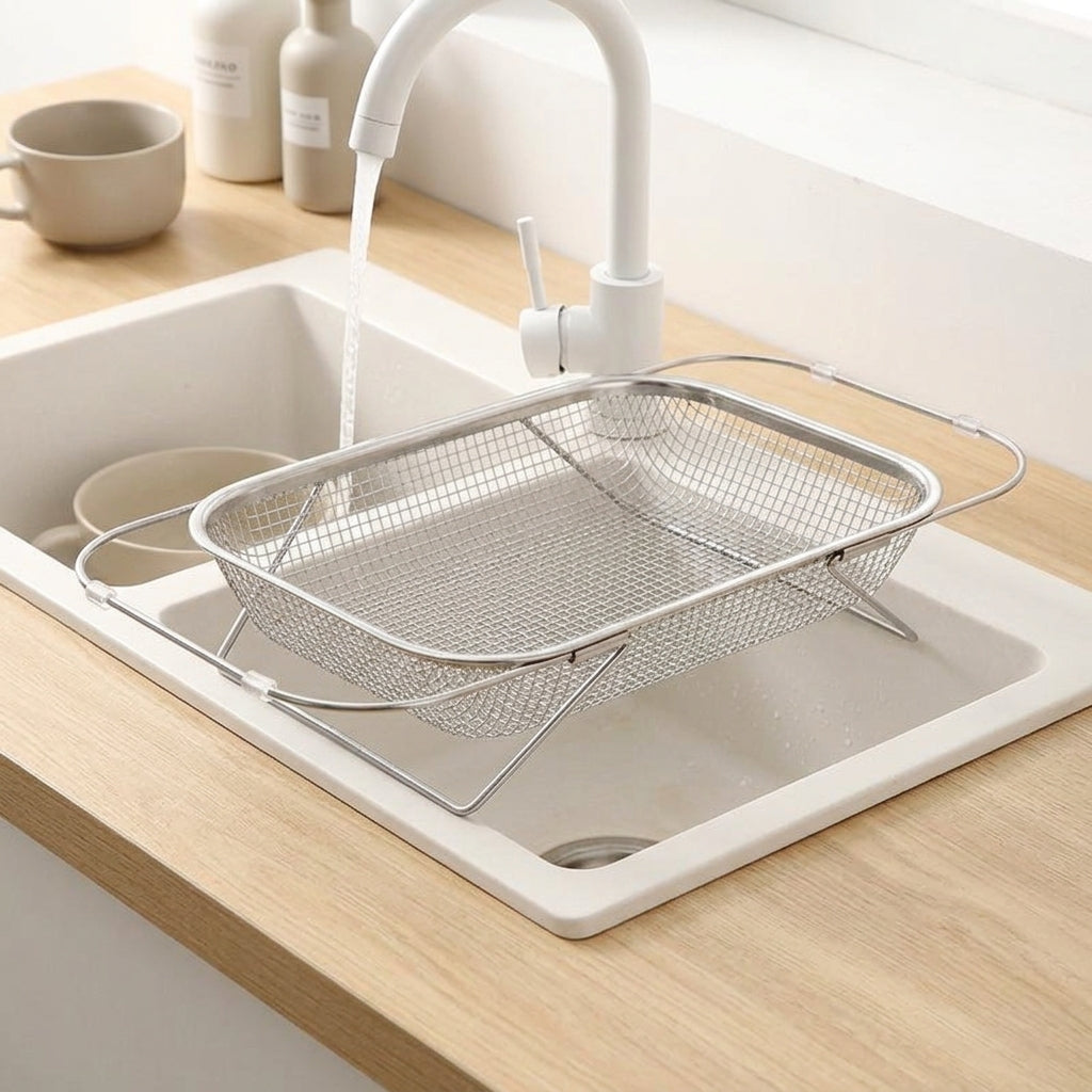 Retractable Drain Basket Stainless Steel Strainer, Telescopic Colander Kitchen Sink Drainer, Fine Mesh Vegetable Washing Basket for Fruits