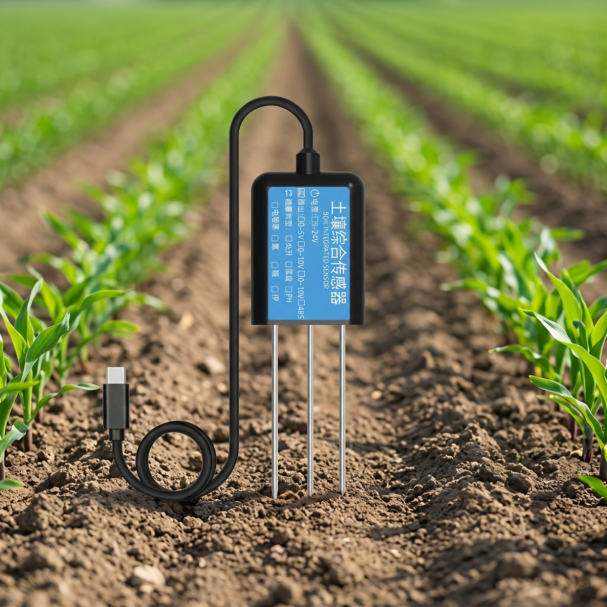 Soil with Phone-Compatible Plug Connector IP68 Waterproof Soil Testing Device with Stainless Steel Wired Tool for Farmers, Gardens, Greenhouses, Farms
