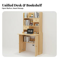 Folding Desk with Bookshelf Foldable Design Solid Wood Murphy Desk Space-Saving Study Table for Children, Students, Small Areas, Bedroom, Dorm Room