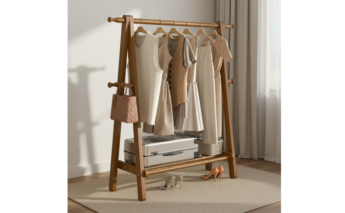 Solid Wood Freestanding Coat Rack with Shelf Side Hooks Triangular-Frame Clothes Rack Space-Saving Home Furniture for Bedroom, Entryway