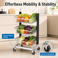 Black Rolling Storage Cart, Metal Utility Cart with Wheels, 30x40cm Freestanding Vegetable Pantry Organiser