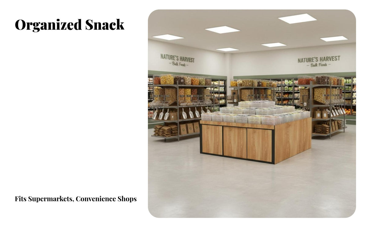 Supermarket Island Cabinet Large Storage Capacity Bulk Food Display Stand Heavy Duty Snack Display Shelf for Supermarkets, Grocery Stores
