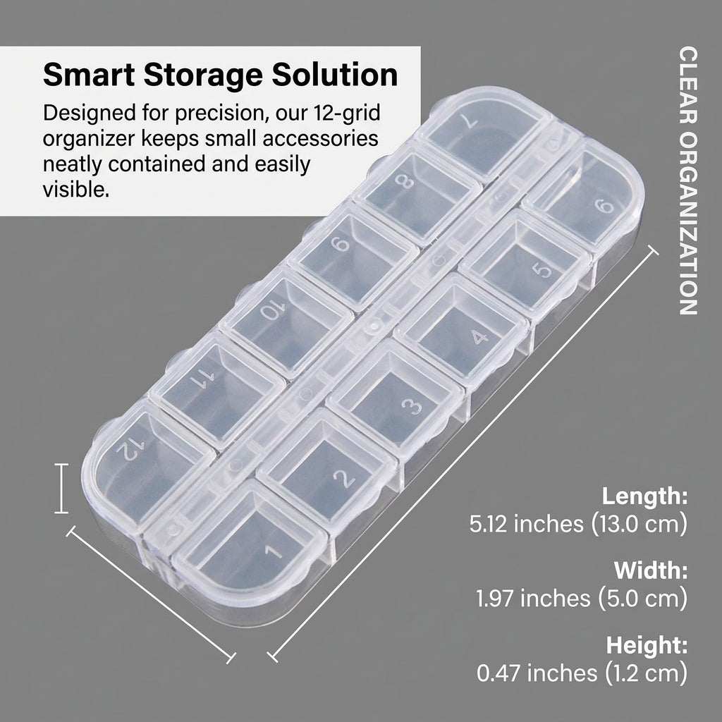 12 Compartment Rectangular Box for Nail Technicians, Clear Rhinestone Storage Organizer, Manicure Station Accessory Container, Art Studio Supplies
